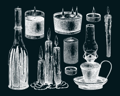 Hand drawn candles sketches collection on chalkboard. Vector illustrations of burning wax, oil lap, paraffin candles. Aromatherapy, meditation, home decor, interior. Vintage Halloween design elements